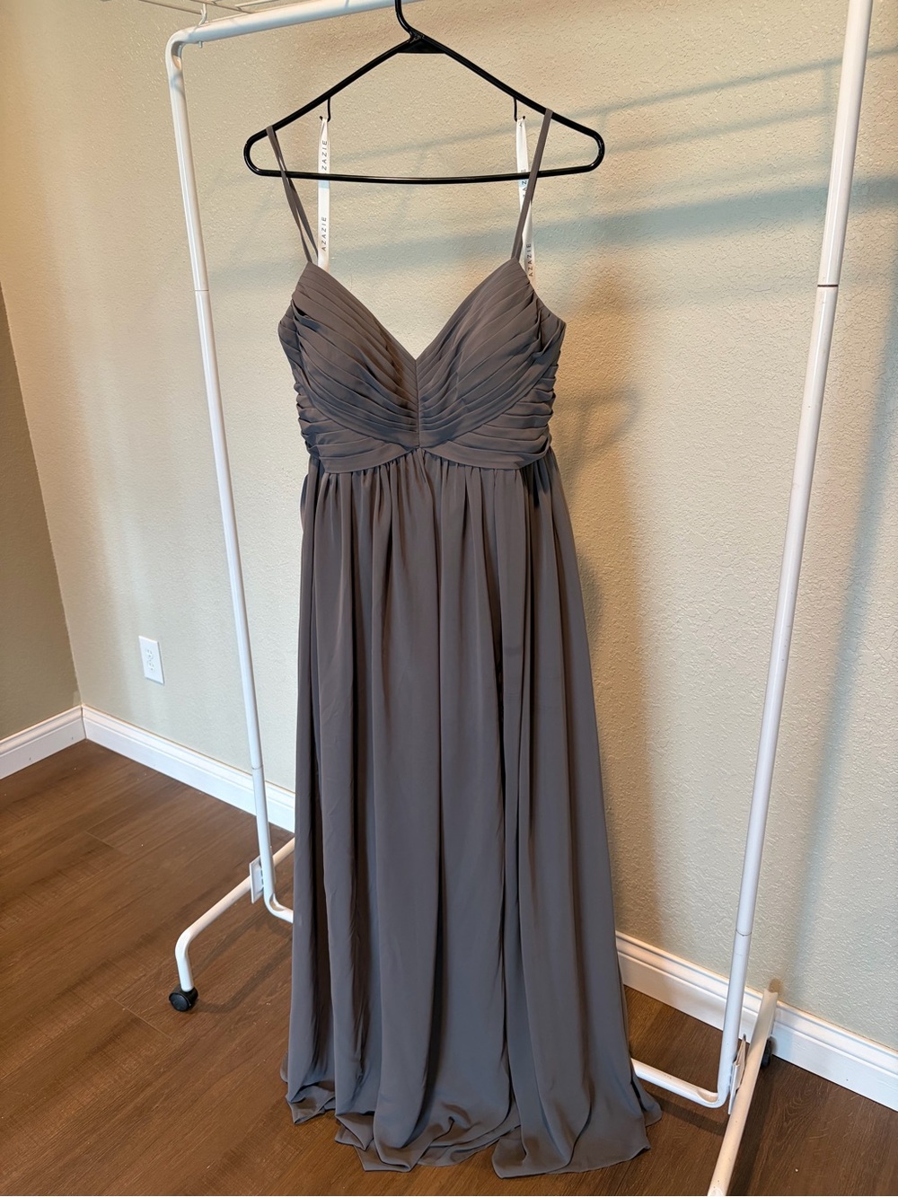 Azazie Alia Steel Gray Chiffon Ruched V- Neck Spaghetti-Strap Maxi Dress